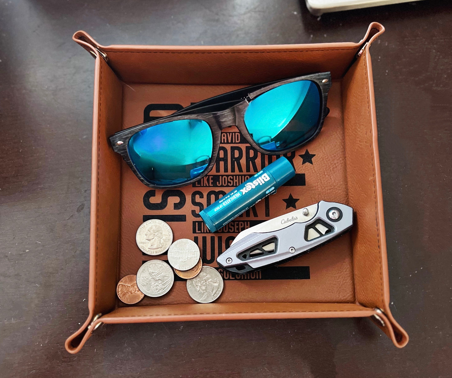 Engraved leatherette accessory tray