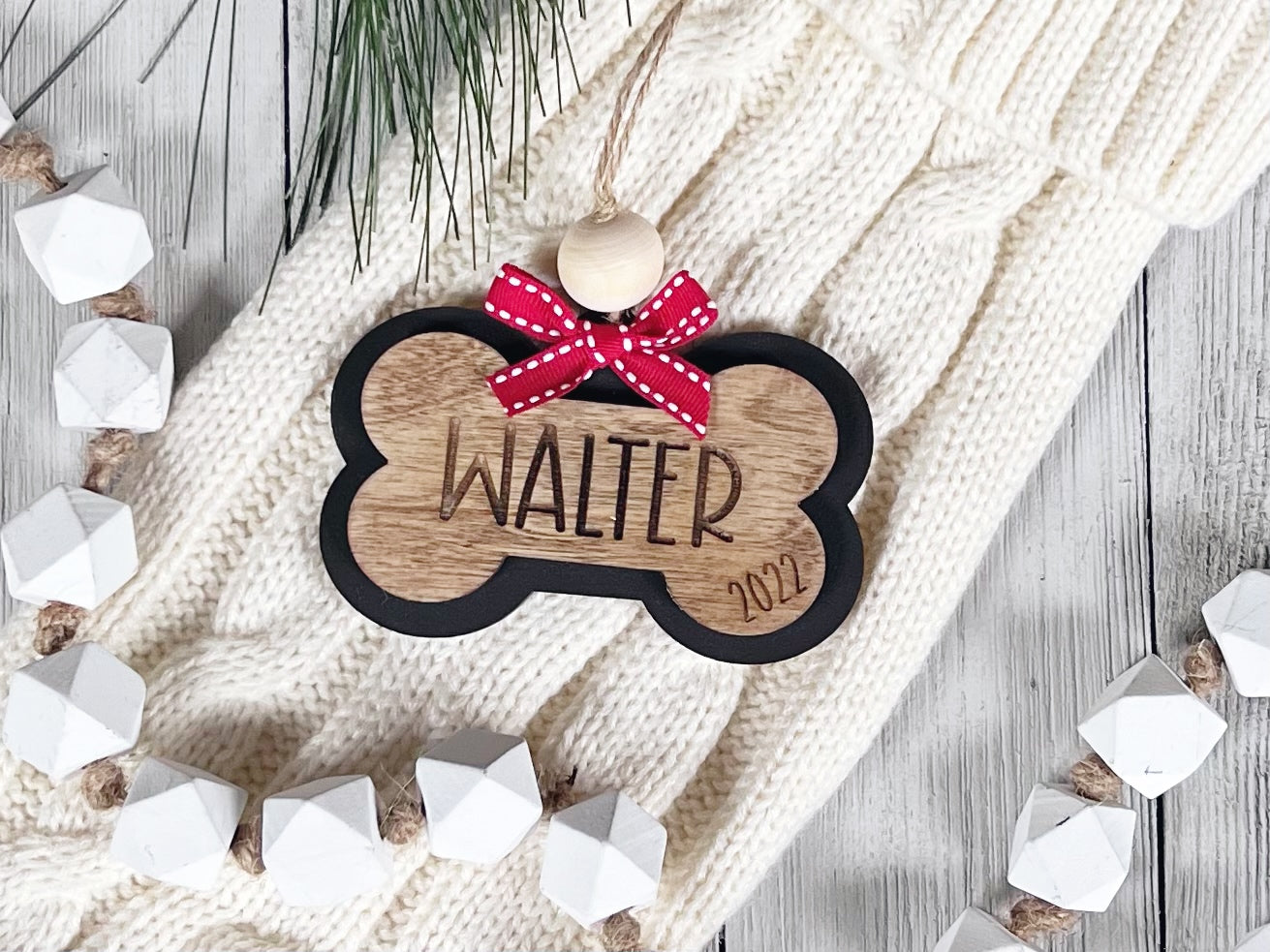 Personalized Wooden Dog Bone Christmas Ornament