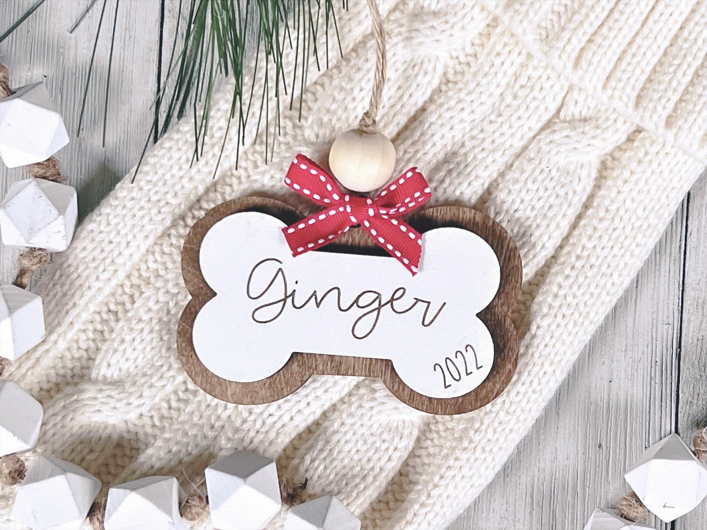 Personalized Wooden Dog Bone Christmas Ornament